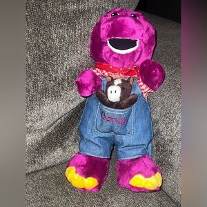 Vtg Barney Purple Dinosaur Plush Blue Jean Overalls Toy